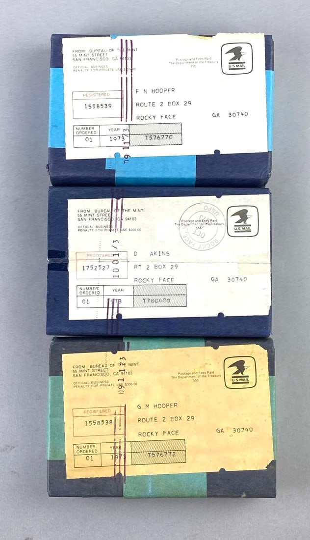 Group of 3 1973 Sealed United States Mint Proof Sets: Unopened Original Shipping Boxes from Bureau of The Mint in San Francisco .
