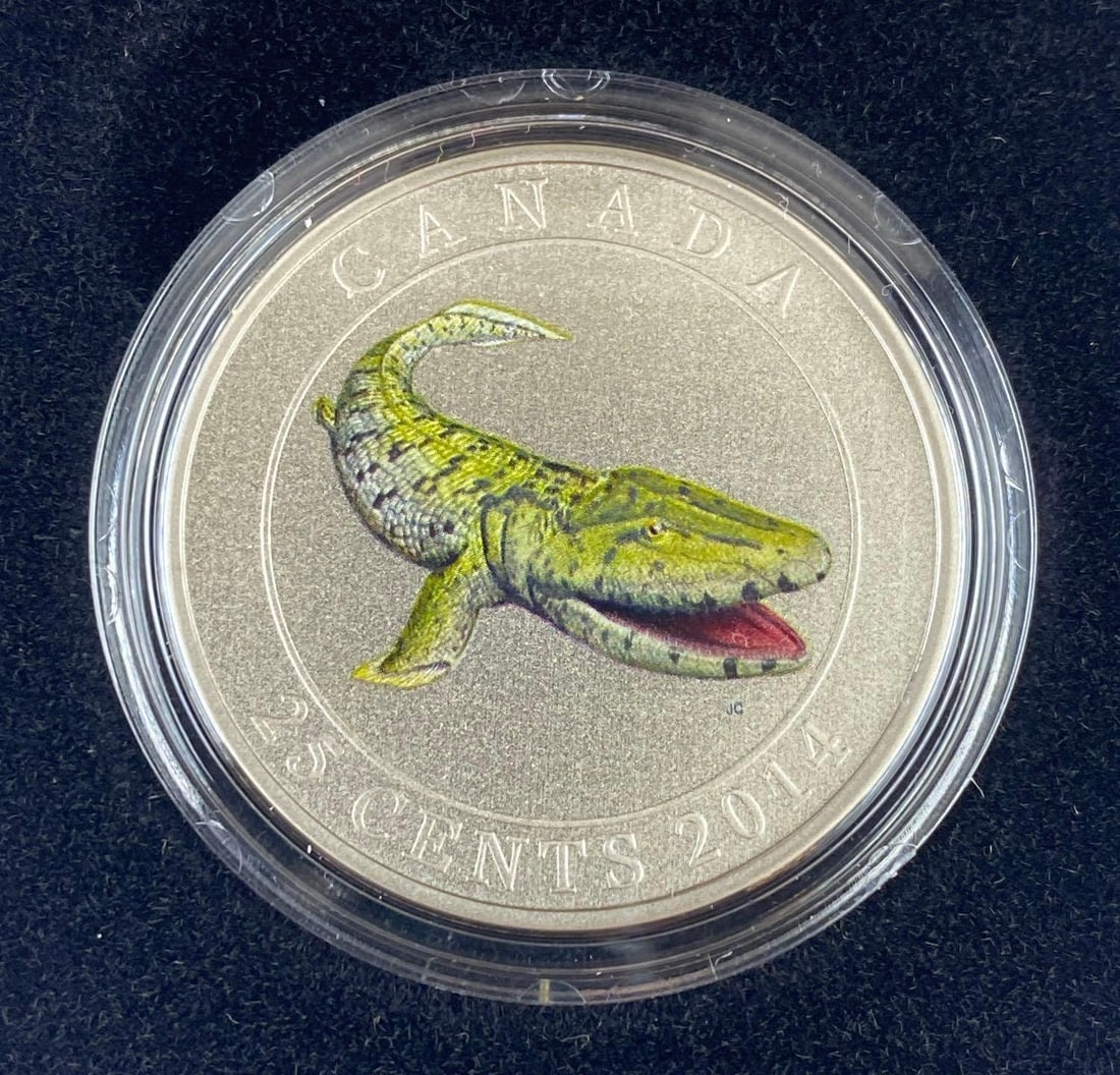 2014 Royal Canadian Mint Coloured Tiktaalik 1 Oz .9999 Fine Silver Queen Elizabeth Round: 2014 Royal Canadian Mint Coloured Tiktaalik 1 Oz .9999 Fine Silver Queen Elizabeth Round with COA