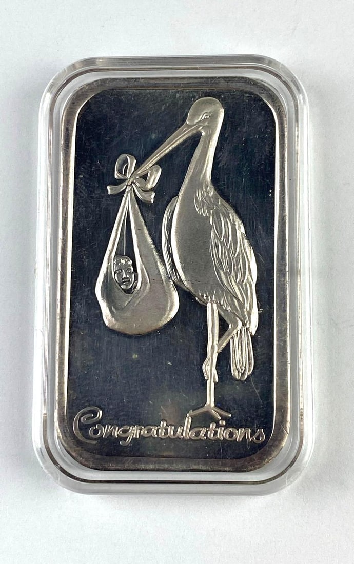 Silvertowne 1 Oz .999 Fine Silver Stork Ingot/ Bar (1 of 2)