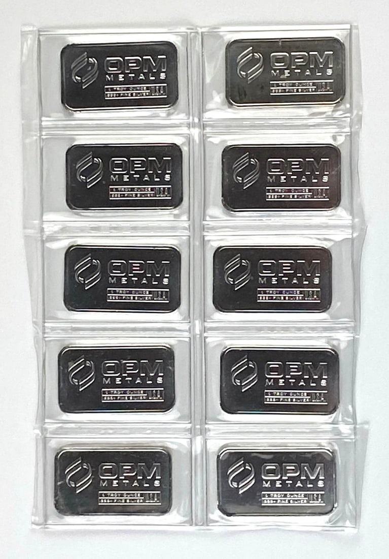 Group of 10 OPM Metals 1 Oz .999 Fine Silver Ingot/ Bar: Group of 10 OPM Metals 1 Oz .999 Fine Silver Ingot/ Bar