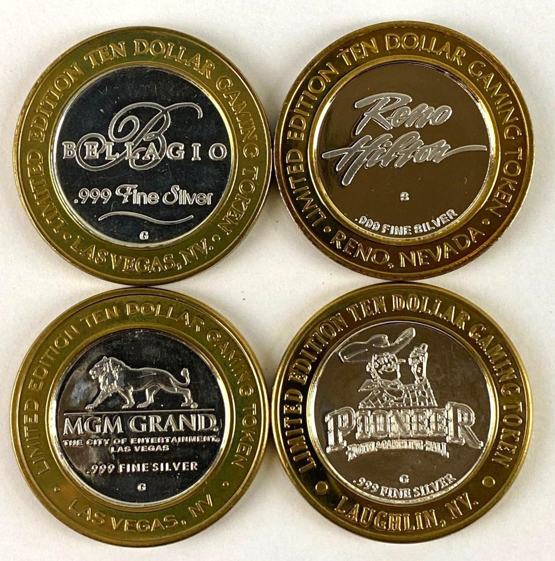 Group of 4 Casino $10 .999 Fine Silver Gaming Tokens (1 of 2)