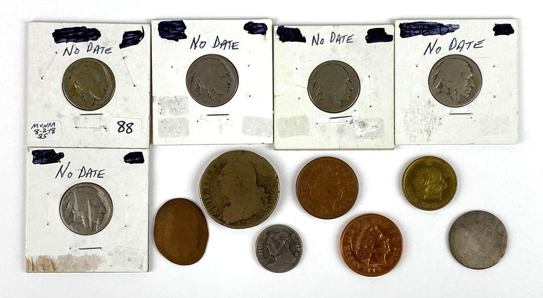Group of 12 Assorted Coins: Include US Buffalo Nickel, Great Britain 2 Pence, Hong Kong 50 Cent and more. Some are worn.