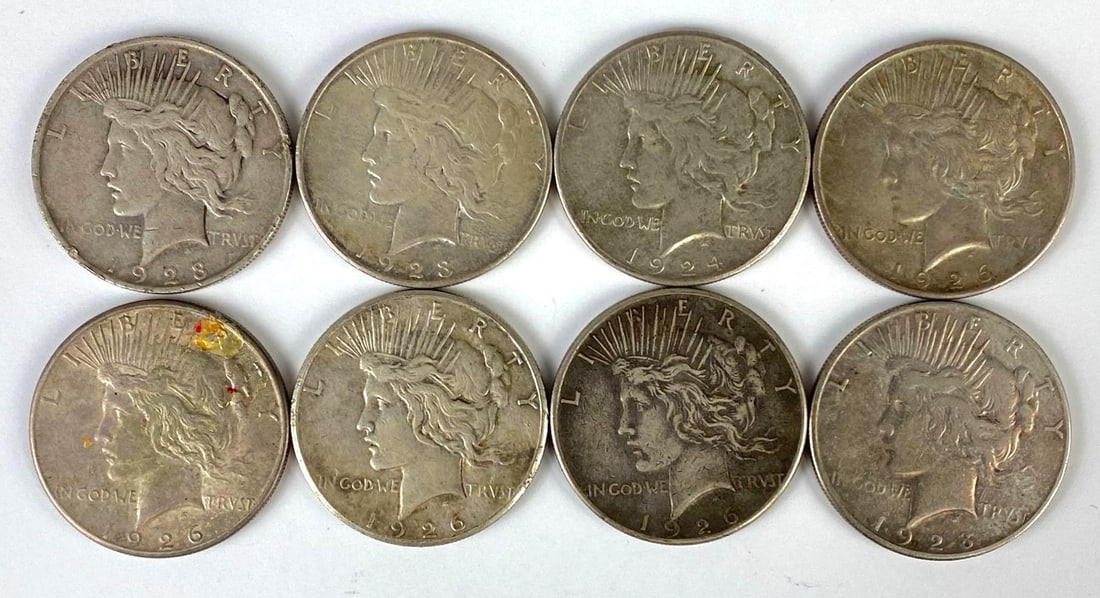 Group of 8 1920s US $1 Peace Silver Dollars (1 of 2)