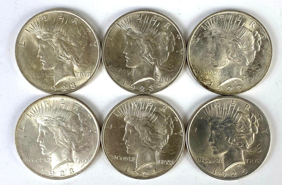 Group of 6 1920s US $1 Peace Silver Dollars (1 of 2)