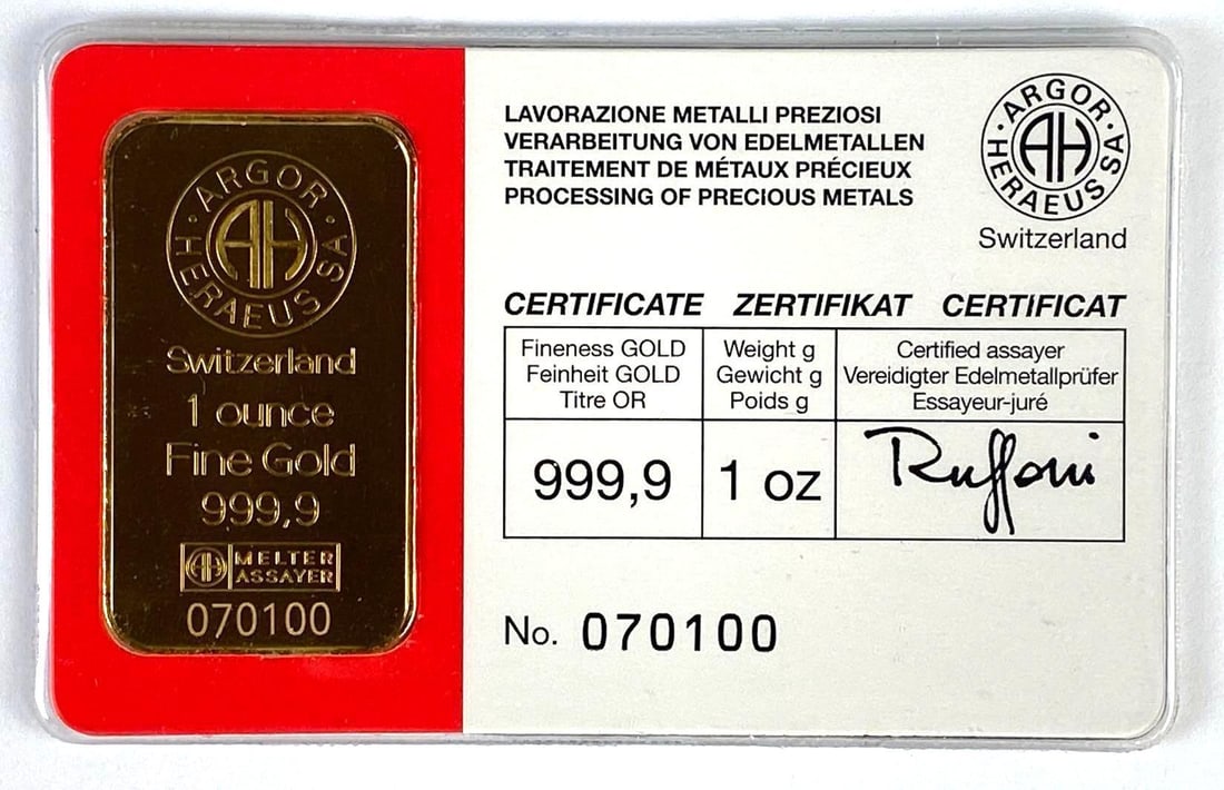 Argor Melter Assayer Swiss 1oz .999 Fine Gold Ingot/Bar: Argor Melter Assayer Swiss 1oz .999 Fine Gold Ingot/Bar