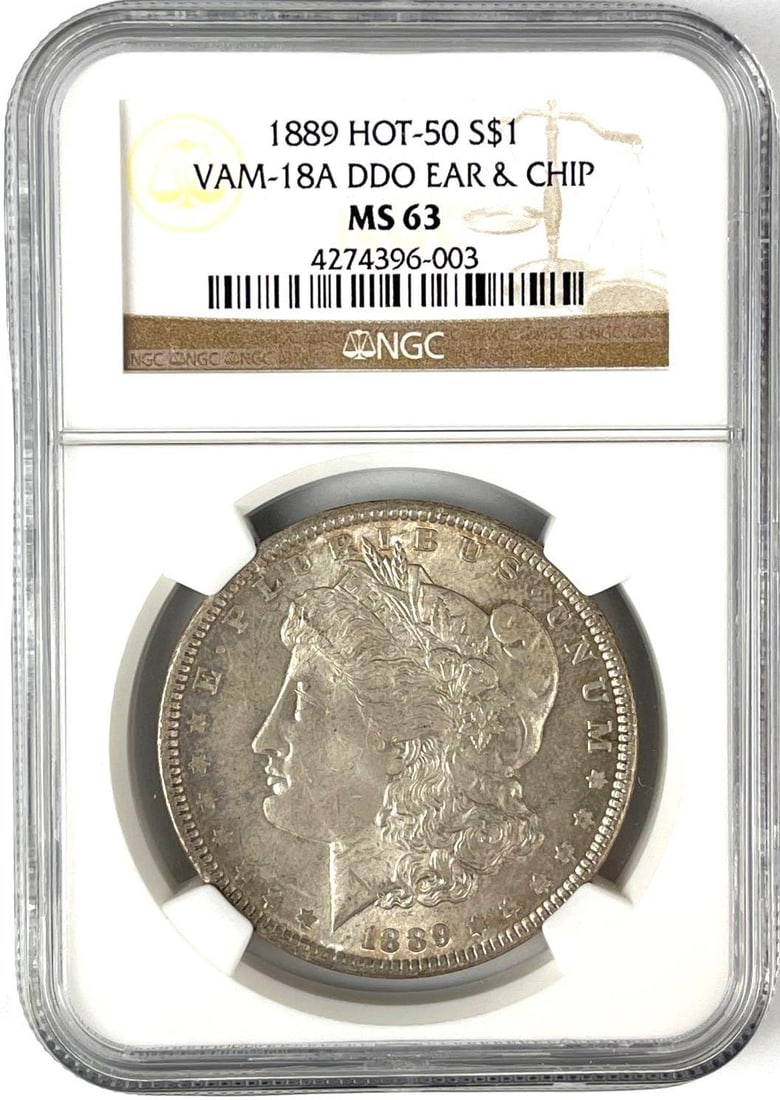 1889 Hot-50 US Morgan Silver Dollar VAM-18A DDO Ear and Chip NGC MS63: 1889 Hot-50 US Morgan Silver Dollar VAM-18A DDO Ear and Chip NGC MS63