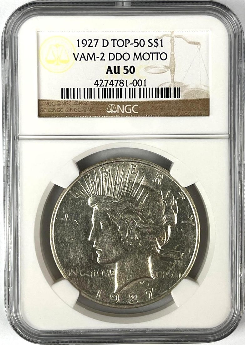 1927 D TOP-50 US Peace Silver Dollar VAM-2 DDO MOTTO NGC AU50: 1927 D TOP-50 US Peace Silver Dollar VAM-2 DDO MOTTO NGC AU50