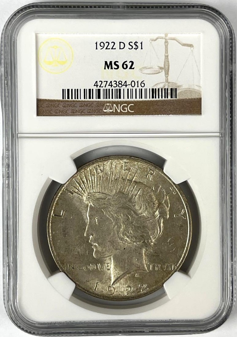 1922 D US Peace Silver Dollar NGC MS62: 1922 D US Peace Silver Dollar NGC MS62