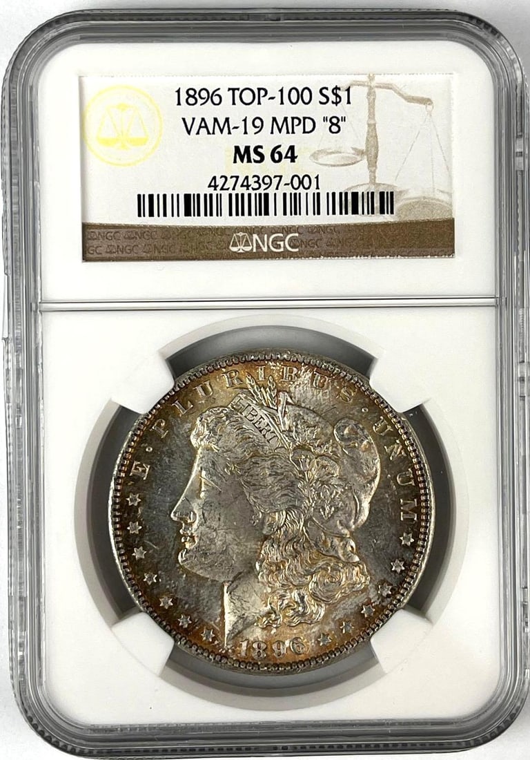 1896 Top-100 US Morgan Silver Dollar VAM-19 MPD 8 NGC MS64: 1896 Top-100 US Morgan Silver Dollar VAM-19 MPD 8 NGC MS64