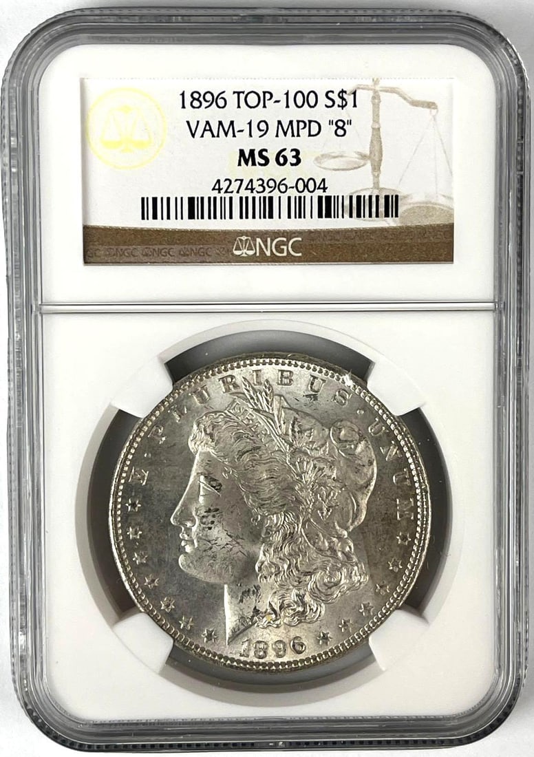 1896 Top-100 US Morgan Silver Dollar VAM-19 MPD 8 NGC MS63: 1896 Top-100 US Morgan Silver Dollar VAM-19 MPD 8 NGC MS63