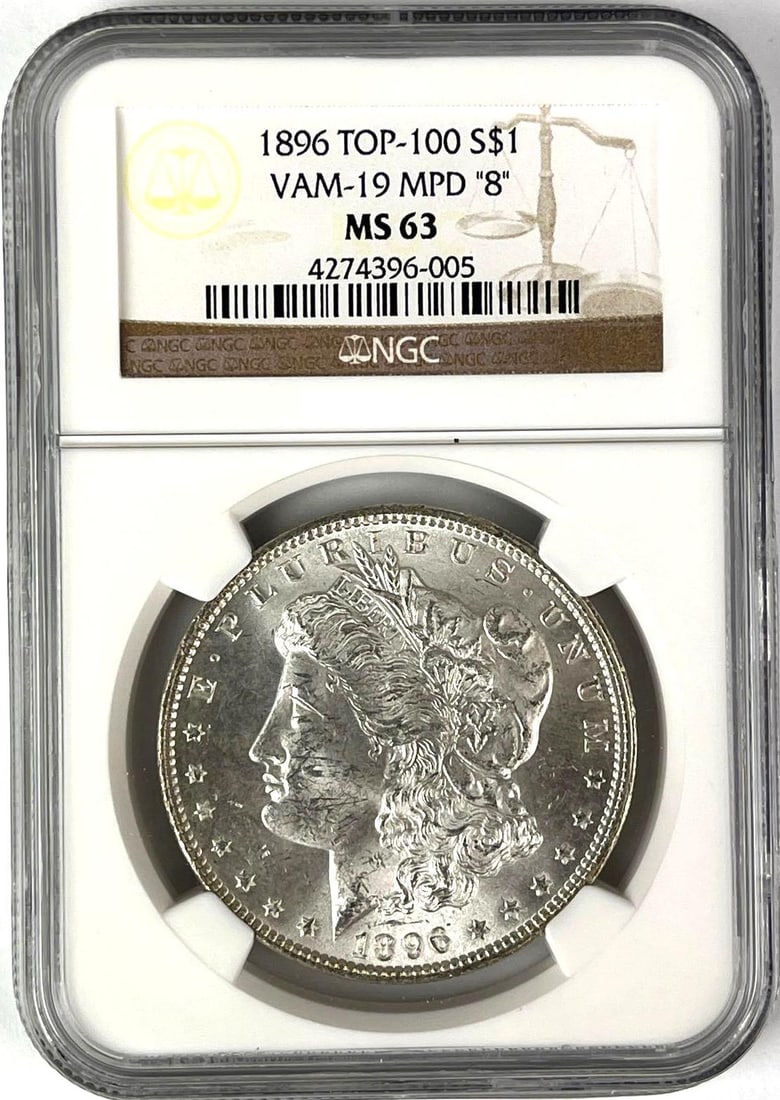1896 Top-100 US Morgan Silver Dollar VAM-19 MPD 8 NGC MS63: 1896 Top-100 US Morgan Silver Dollar VAM-19 MPD 8 NGC MS63
