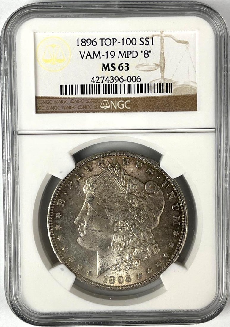 1896 Top-100 US Morgan Silver Dollar VAM-19 MPD 8 NGC MS63: 1896 Top-100 US Morgan Silver Dollar VAM-19 MPD 8 NGC MS63