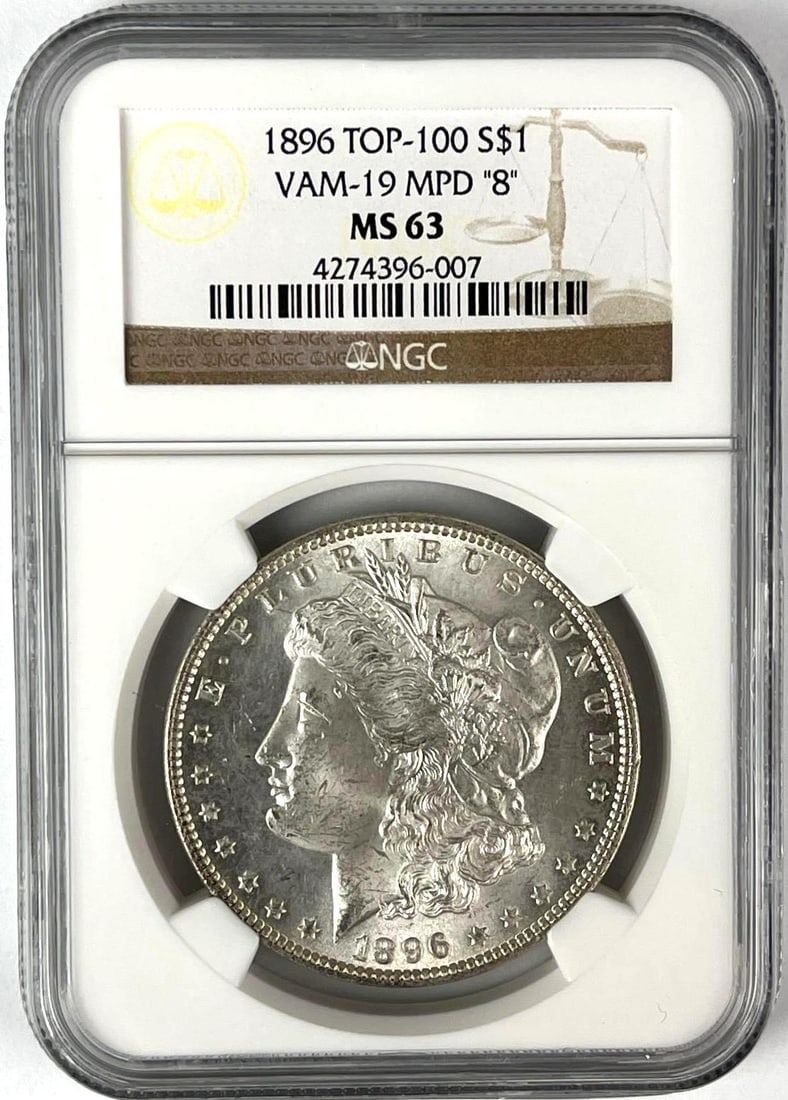 1896 Top-100 US Morgan Silver Dollar VAM-19 MPD 8 NGC MS63: 1896 Top-100 US Morgan Silver Dollar VAM-19 MPD 8 NGC MS63