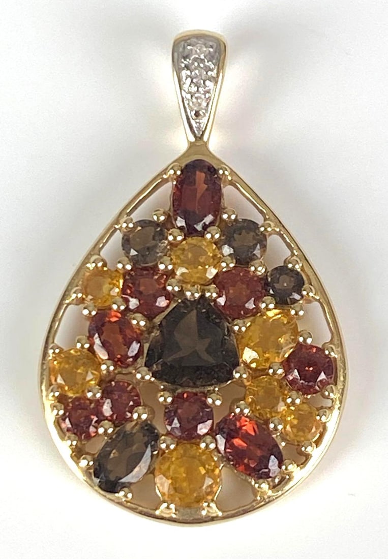 14K Yellow Gold Diamond / Multi-Gem Pendant: Total weight of 4.1 grams, measures 1 1/4? H x 3/4? W