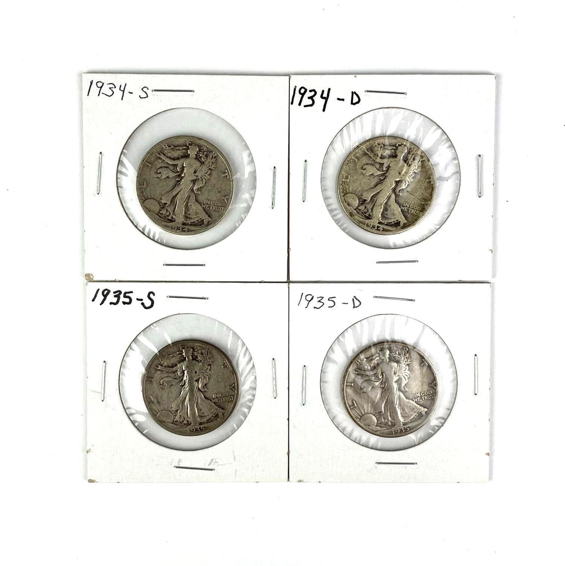 Group of 4 US Walking Liberty Silver Half Dollars: Includes 1934 S, 1934 D, 1935 S and 1935 D.