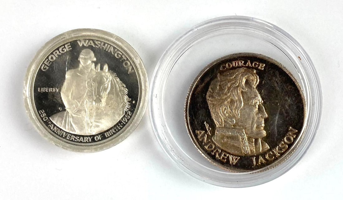 Group of 2 Commemorative Silver Coins: Includes 1982 250th George Washington Silver Half Dollar and Andrew Jackson 240 Grains .999 Fine Silver coin.