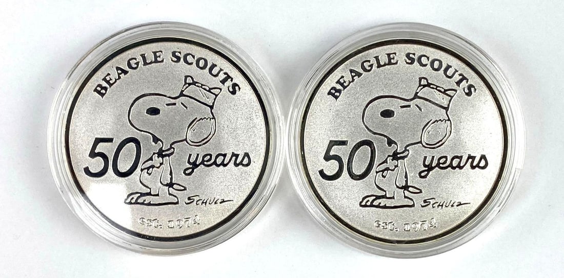 Group of 2 Beagle Scouts 1 Oz .999 Fine Silver 50 Years Snoopy Rounds (1 of 2)