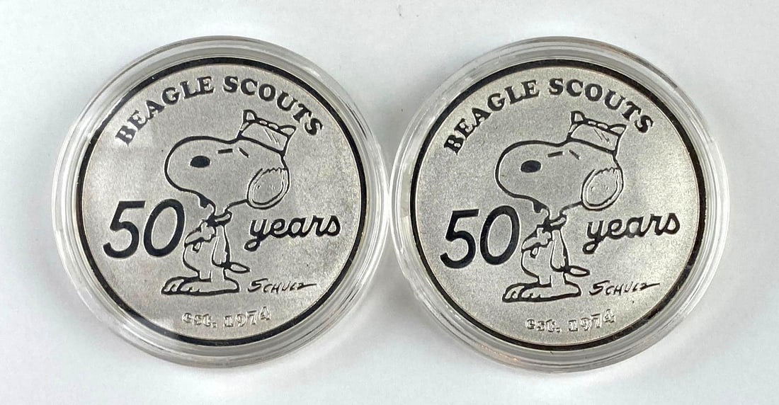 Group of 2 Beagle Scouts 1 Oz .999 Fine Silver 50 Years Snoopy Rounds (1 of 2)