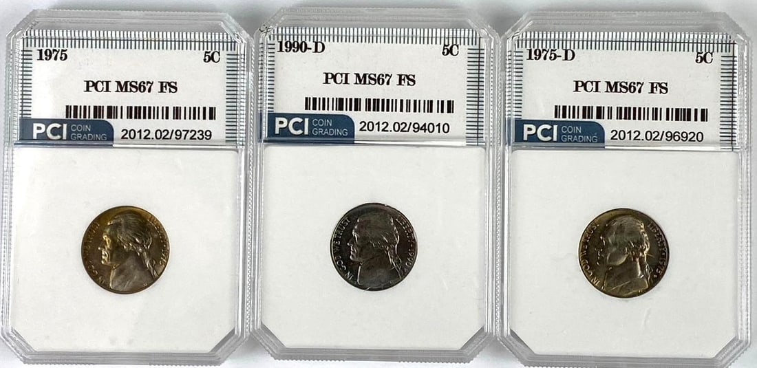 Group of 3 US Jefferson Nickels PCI MS67 FS: Group of 3 US Jefferson Nickels PCI MS67 FS