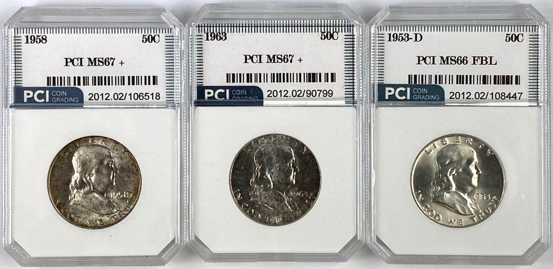 Group of 3 US Franklin Silver Half Dollars PCI Graded (1 of 2)