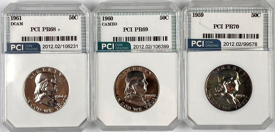 Group of 3 US Franklin Silver Half Dollars PCI Graded (1 of 2)
