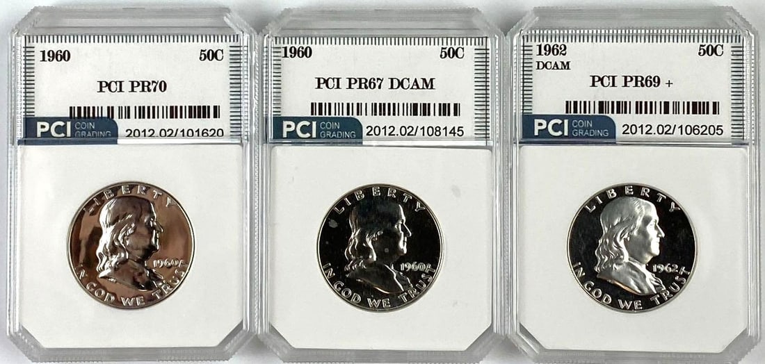 Group of 3 US Franklin Silver Half Dollars PCI Graded (1 of 2)