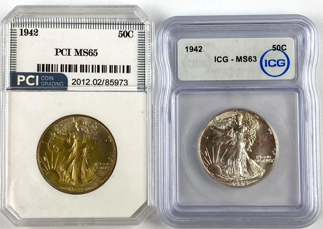 Group of 2 1942 US Walking Liberty Silver Half Dollars: PCI MS65 and ICG MS63 Graded