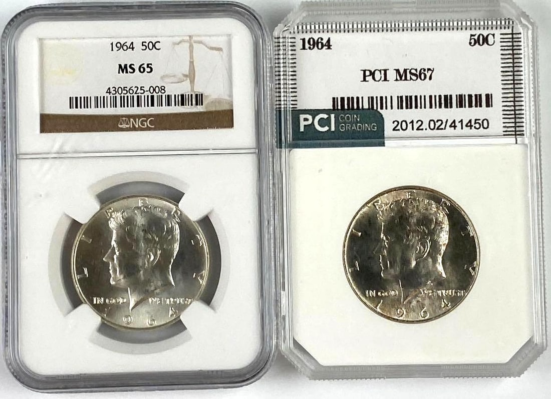 Group of 2 1964 US Kennedy Silver Half Dollars Graded (1 of 2)