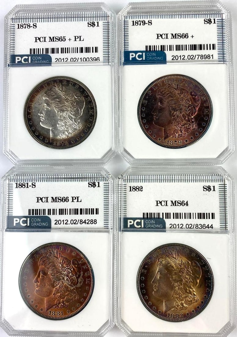 Group of 4 US Morgan Silver Dollars PCI Graded: Group of 4 US Morgan Silver Dollars PCI Graded