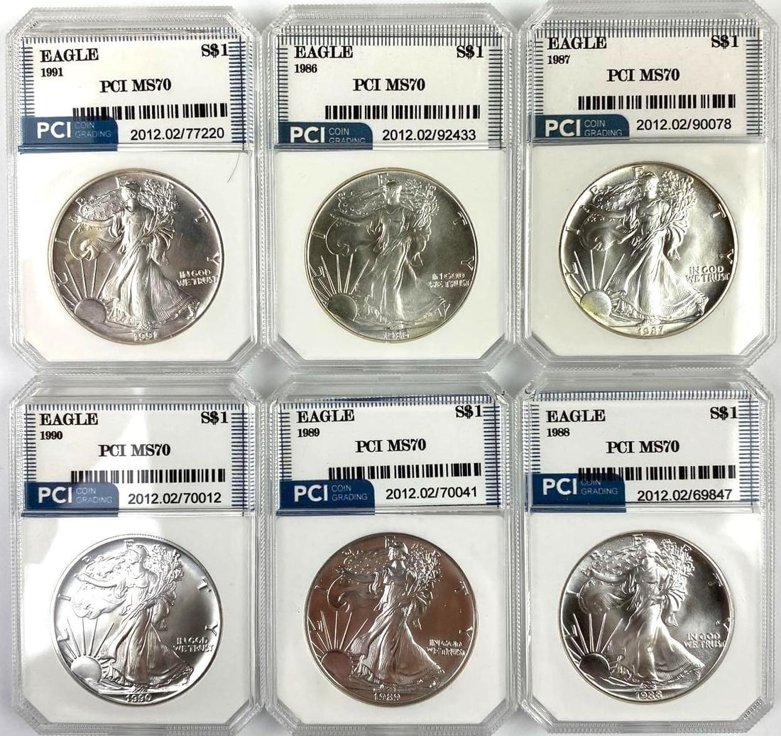 Group of 6 US 1 Oz American Silver Eagle PCI MS70: Group of 6 US 1 Oz American Silver Eagle PCI MS70