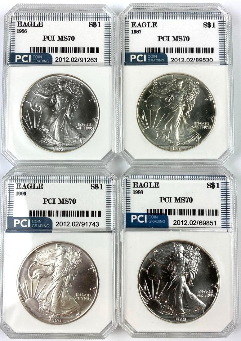 Group of 4 US 1 Oz American Silver Eagle PCI MS70: Group of 4 US 1 Oz American Silver Eagle PCI MS70