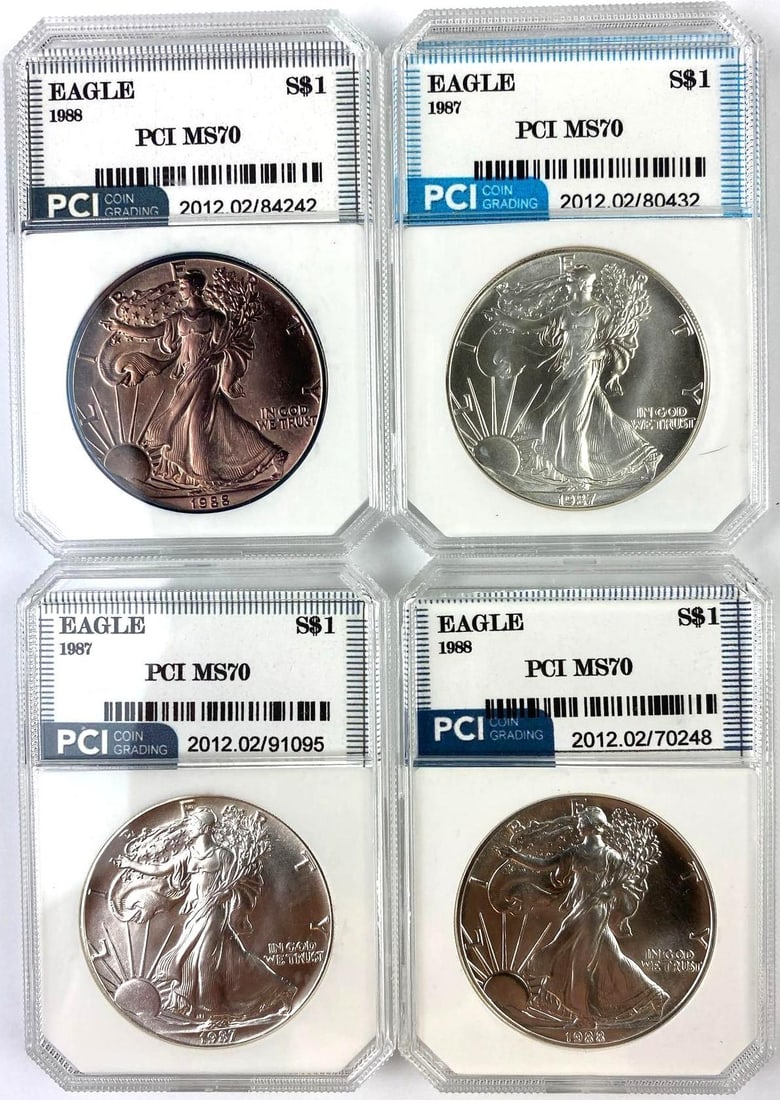 Group of 4 US 1 Oz American Silver Eagle PCI MS70: Group of 4 US 1 Oz American Silver Eagle PCI MS70
