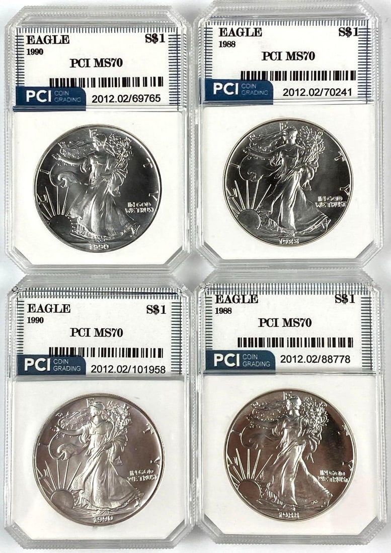 Group of 4 US 1 Oz American Silver Eagle PCI MS70: Group of 4 US 1 Oz American Silver Eagle PCI MS70