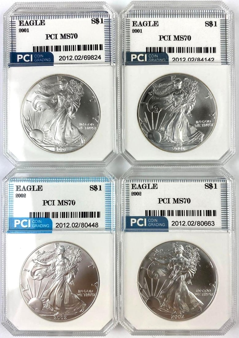 Group of 4 US 1 Oz American Silver Eagle PCI MS70: Group of 4 US 1 Oz American Silver Eagle PCI MS70
