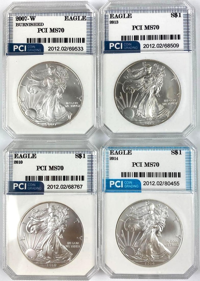 Group of 4 US 1 Oz American Silver Eagle PCI MS70: Group of 4 US 1 Oz American Silver Eagle PCI MS70