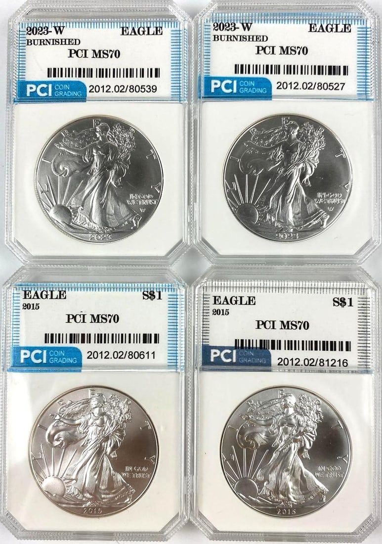 Group of 4 US 1 Oz American Silver Eagle PCI MS70: Group of 4 US 1 Oz American Silver Eagle PCI MS70