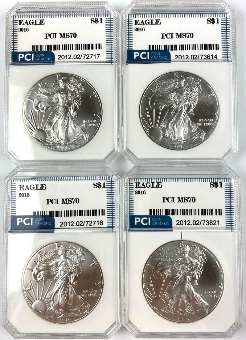 Group of 4 US 1 Oz American Silver Eagle PCI MS70: Group of 4 US 1 Oz American Silver Eagle PCI MS70