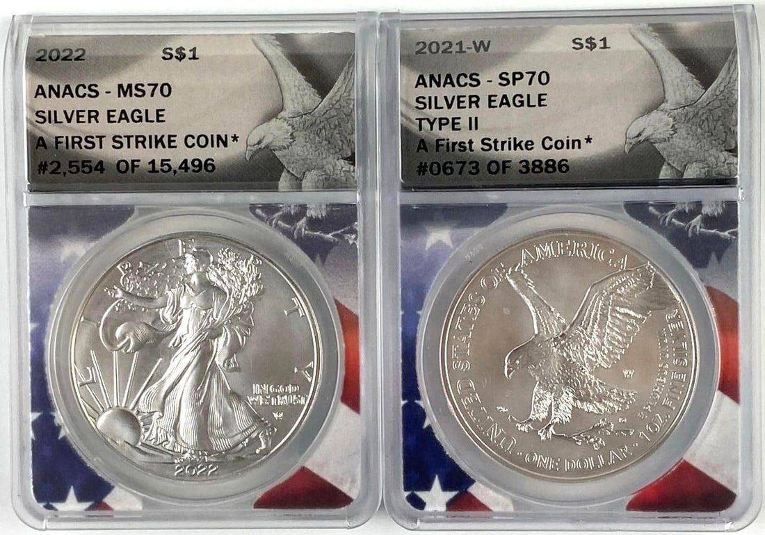 Group of 2 US 1 Oz American Silver Eagle ANACS Graded: Group of 2 US 1 Oz American Silver Eagle ANACS Graded