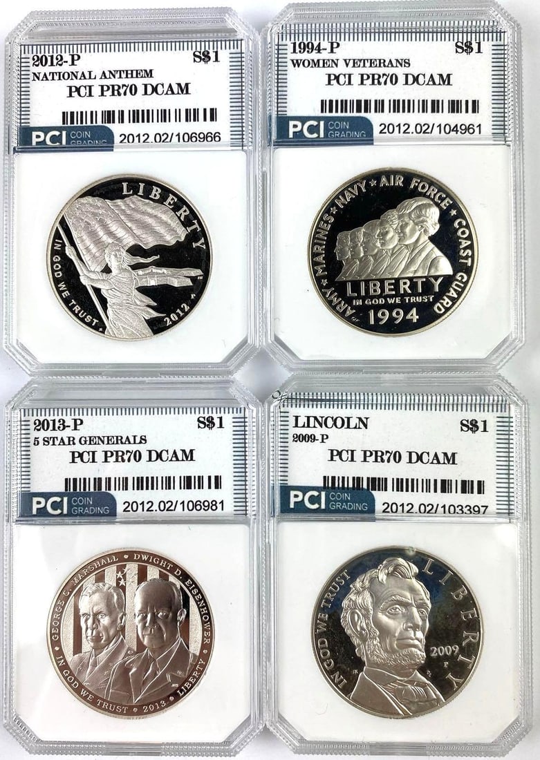 Group of 4 Commemorative US Silver Dollars PCI Graded: Group of 4 Commemorative US Silver Dollars PCI Graded
