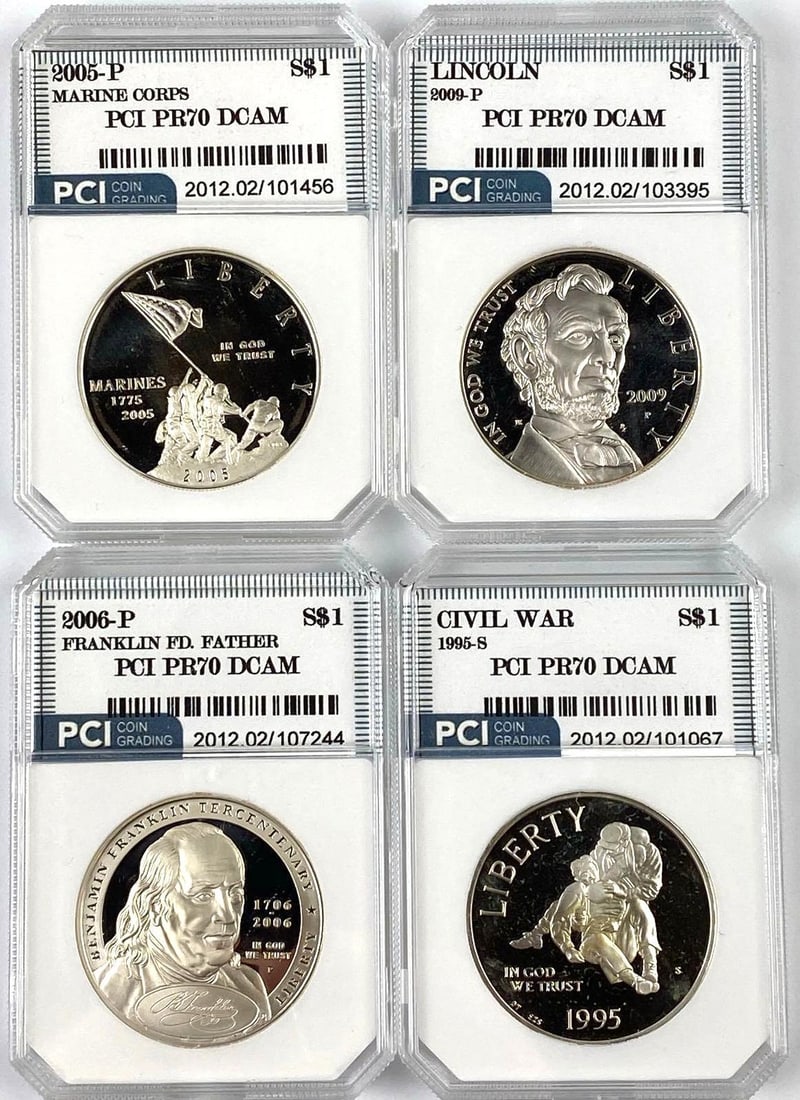 Group of 4 Commemorative US Silver Dollars PCI Graded: Group of 4 Commemorative US Silver Dollars PCI Graded