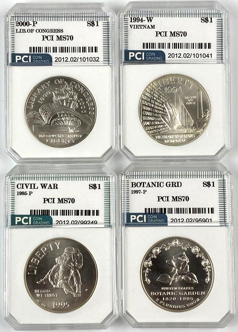 Group of 4 Commemorative US Silver Dollars PCI Graded: Group of 4 Commemorative US Silver Dollars PCI Graded