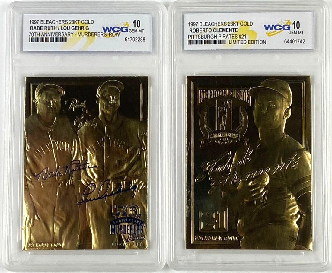 Group of 2 1997 Bleachers 23KT Gold WCG 10: 1997 Bleachers 23KT Gold Babs Ruth/ Lou Gehrig 70th Anniversary Murderers Row WCG 10 and 1997 Bleachers 23KT Gold Roberto Clemente Pittsburgh Pirates #21 Limited Edition WCG 10