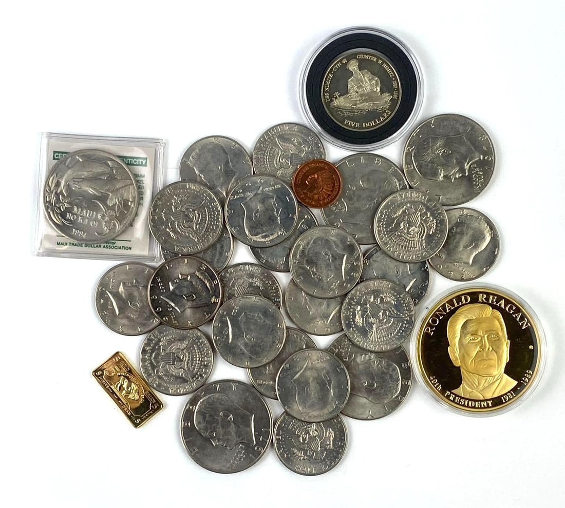 Group of Assorted Clad US Eisenhower Dollars and More: Includes 5 Gram Gold Plated Piece, Clad US Kennedy Half Dollars, and More.