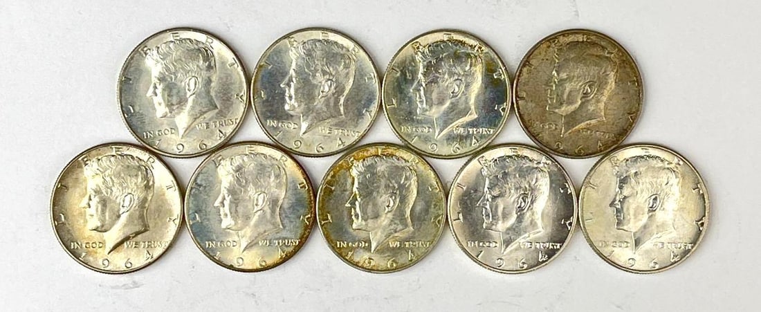 Group of 9 1964 Kennedy 90% Silver Half Dollars (1 of 2)