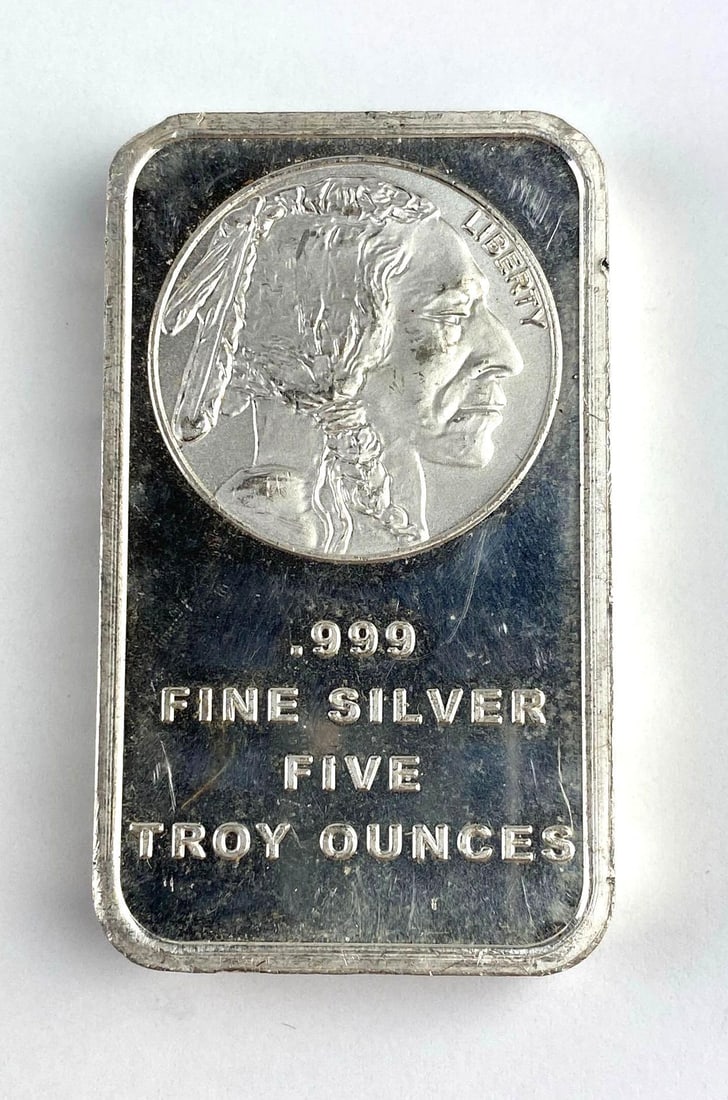 Silvertowne Buffalo Nickel Design 5 Oz .999 Fine Silver Ingot/ Bar: Silvertowne Buffalo Nickel Design 5 Oz .999 Fine Silver Ingot/ Bar