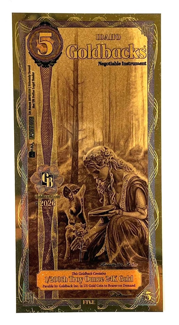 2026 AuRum 5 Idaho Goldback Clementia 1/200th oz 24K Gold: 2026 AuRum 5 Idaho Goldback Clementia 1/200th oz 24K Gold