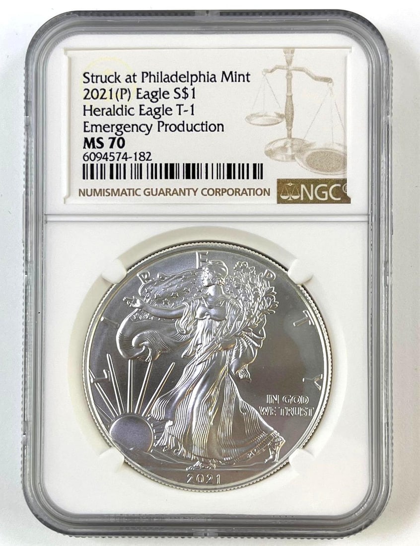 2021 (P) American Silver Eagle NGC MS70 Emergency Production Heraldic Eagle T-1 1 oz .999 fine (1 of 2)
