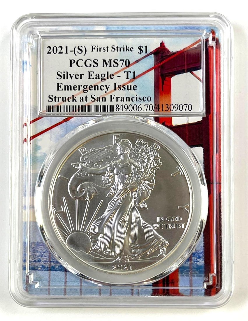 2021-(S) American Silver Eagle Type 1 Emergency Issue First Strike PCGS MS70 1 oz .999 fine silver (1 of 2)