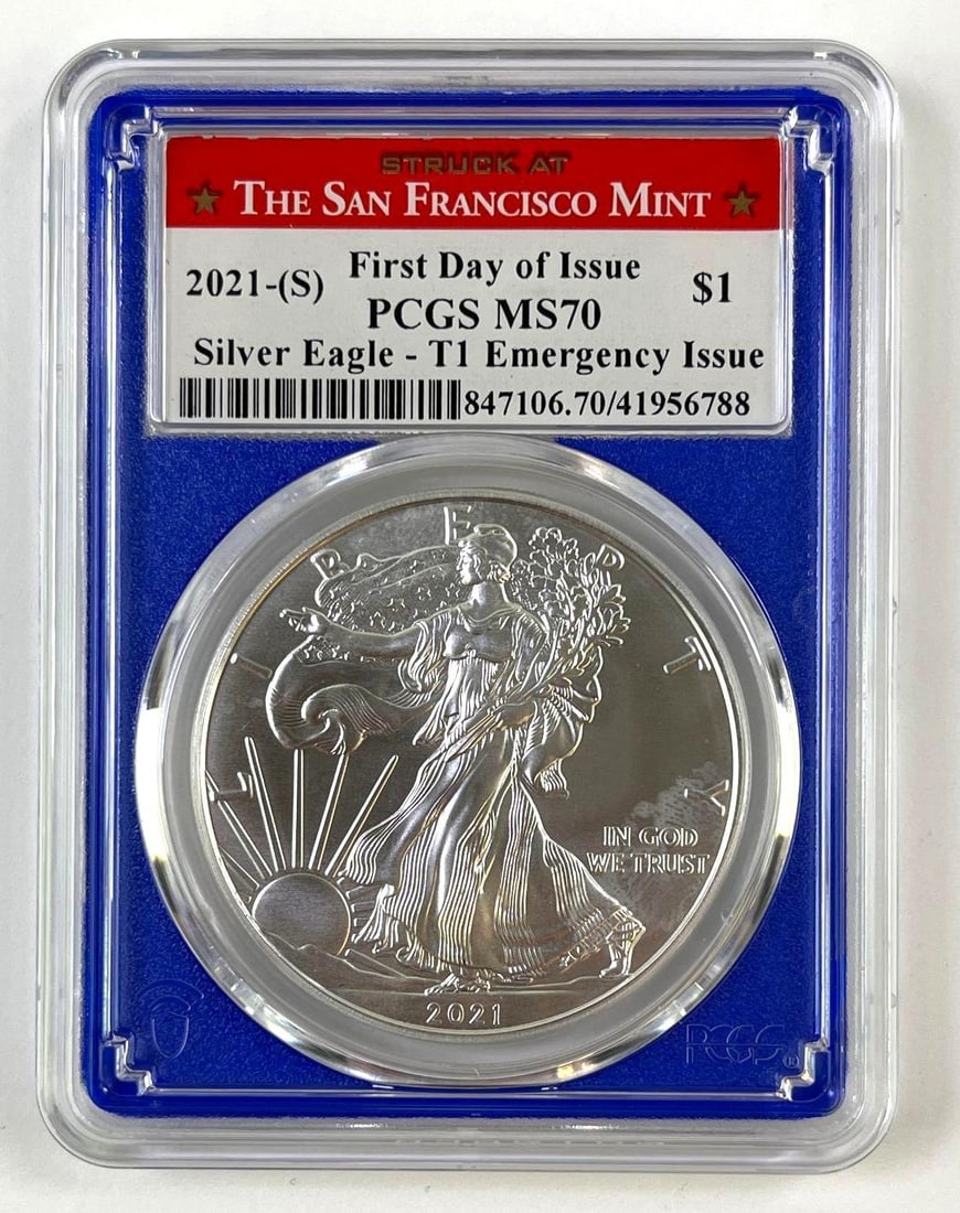 2021-(S) American Silver Eagle Type 1 Emergency Issue First Day of Issue PCGS MS70 1 oz .999 fine (1 of 2)