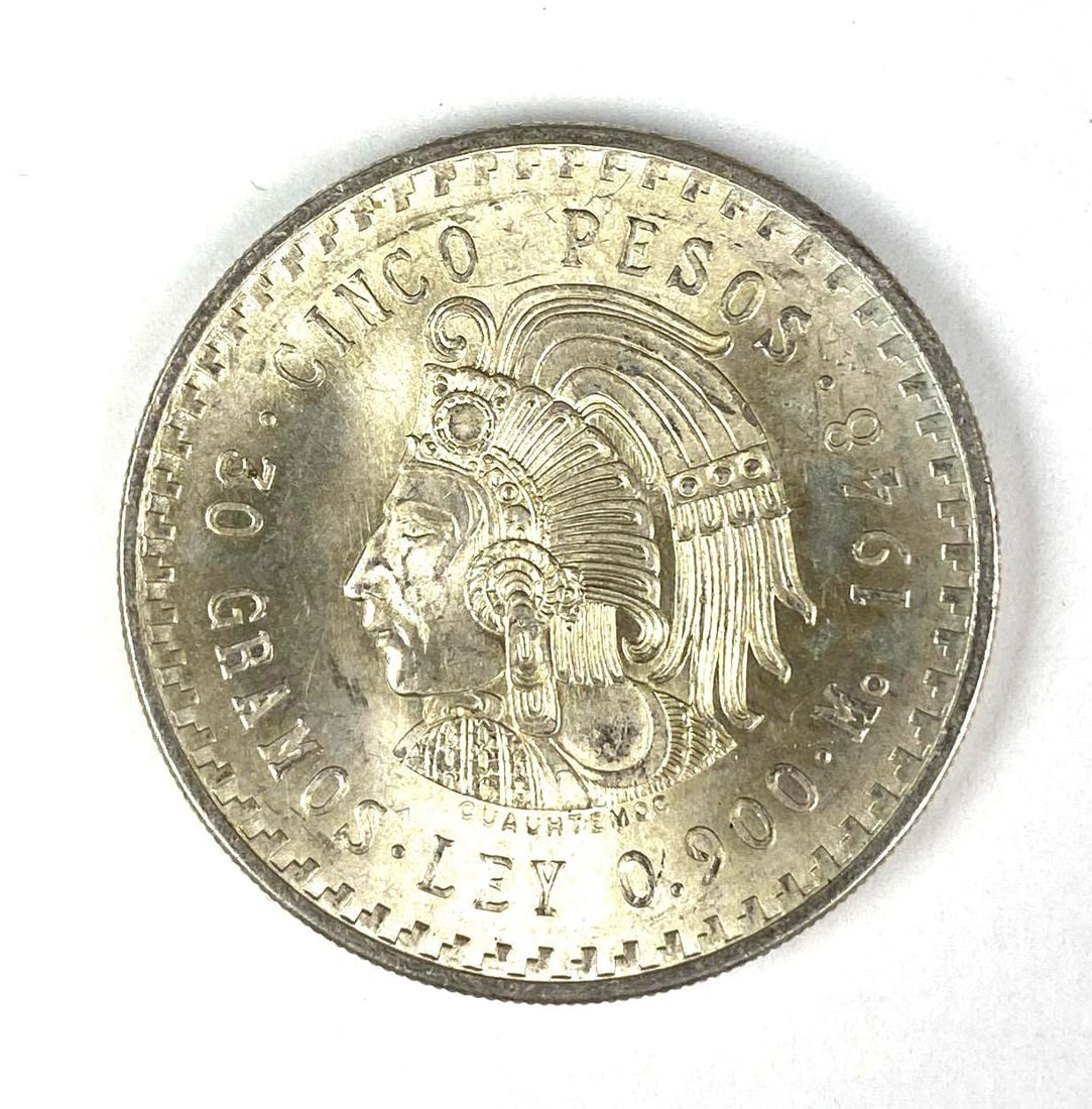 1948 Mexican 5 Pesos Cuauhtmoc 30 Grams .900 Silver Coin (1 of 2)
